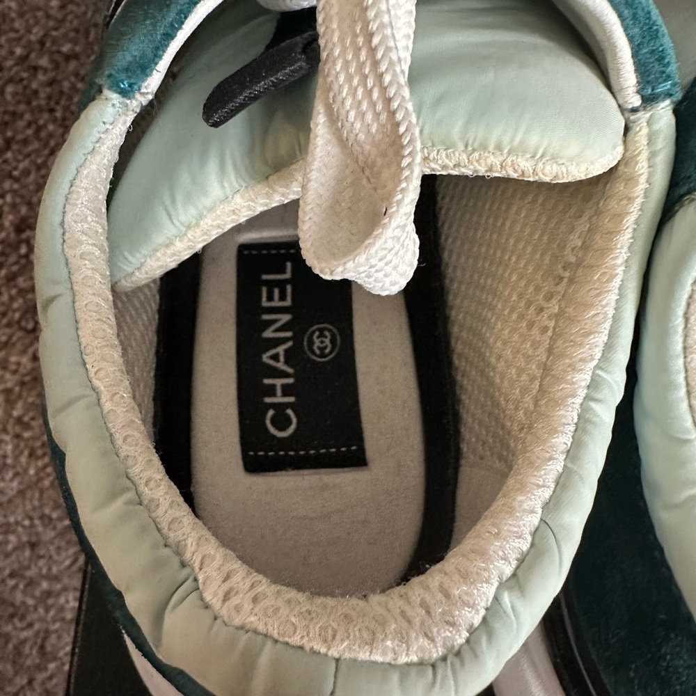 CHANEL Light Green Suede Nylon Sport Sneakers - Picture 6 of 9